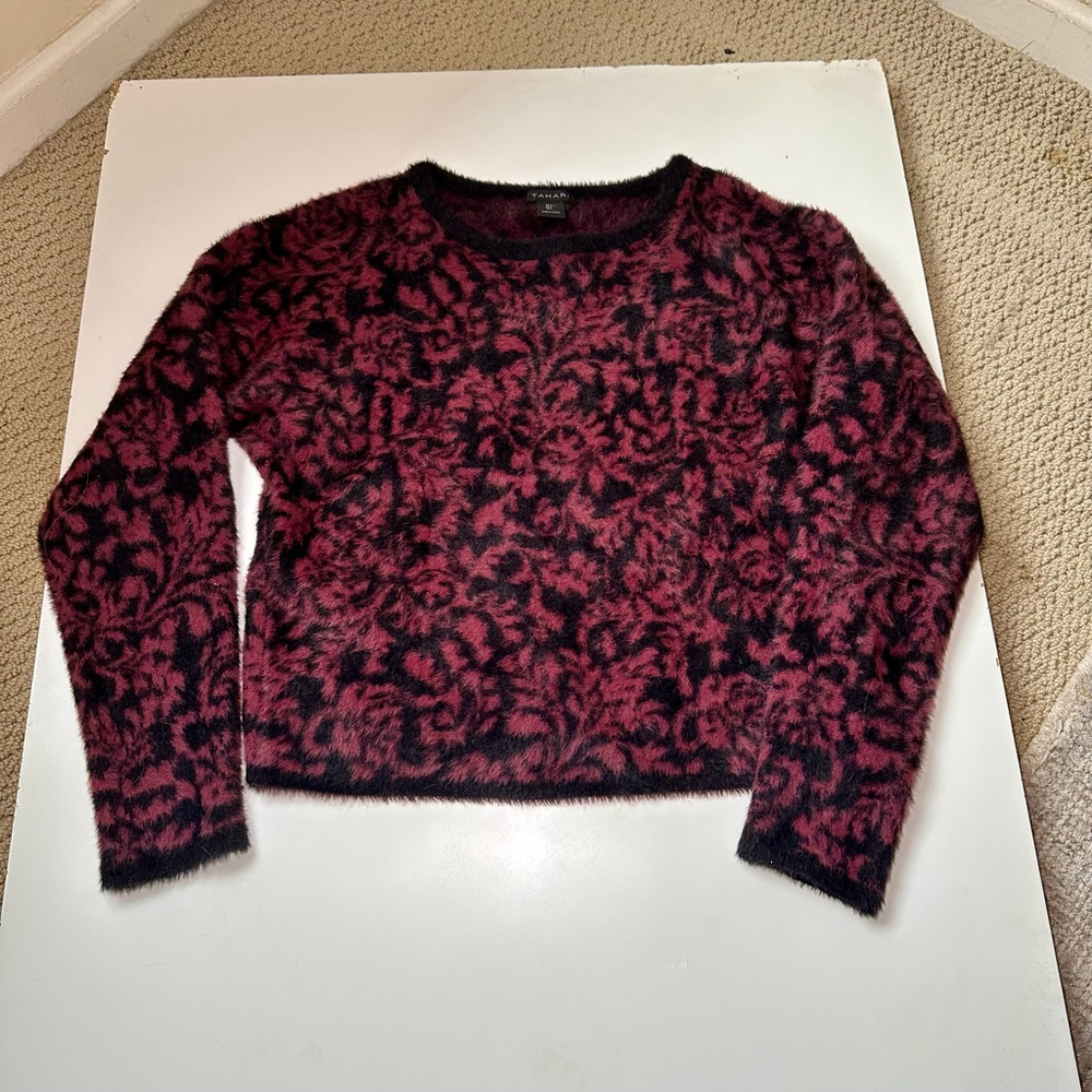 Tahari Black and Dark Pink Floral Fuzzy Crewneck Sweater